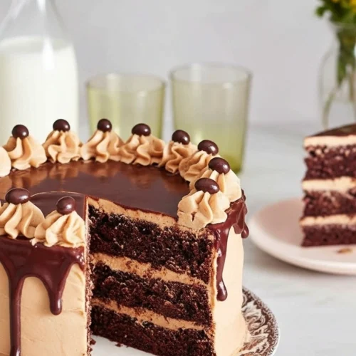 Un délicieux gateau au moka à trois étages, recouvert d'un glaçage moka crémeux, d'un nappage chocolaté dégoulinant et décoré de petits motifs de crème au beurre moka surmontés de grains de café en chocolat. Une part a été coupée, révélant les couches de gâteau et de crème.