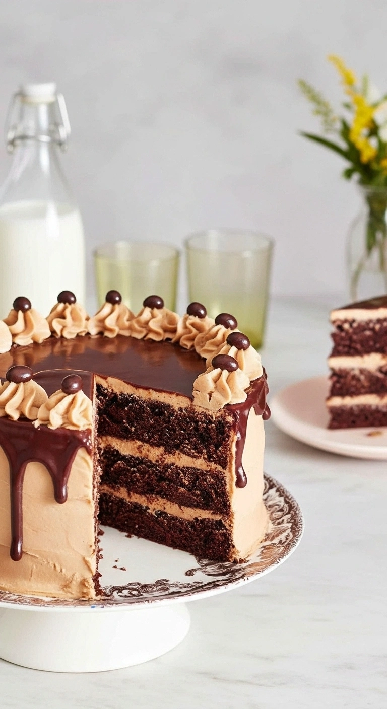 Un délicieux gateau au moka à trois étages, recouvert d'un glaçage moka crémeux, d'un nappage chocolaté dégoulinant et décoré de petits motifs de crème au beurre moka surmontés de grains de café en chocolat. Une part a été coupée, révélant les couches de gâteau et de crème.
