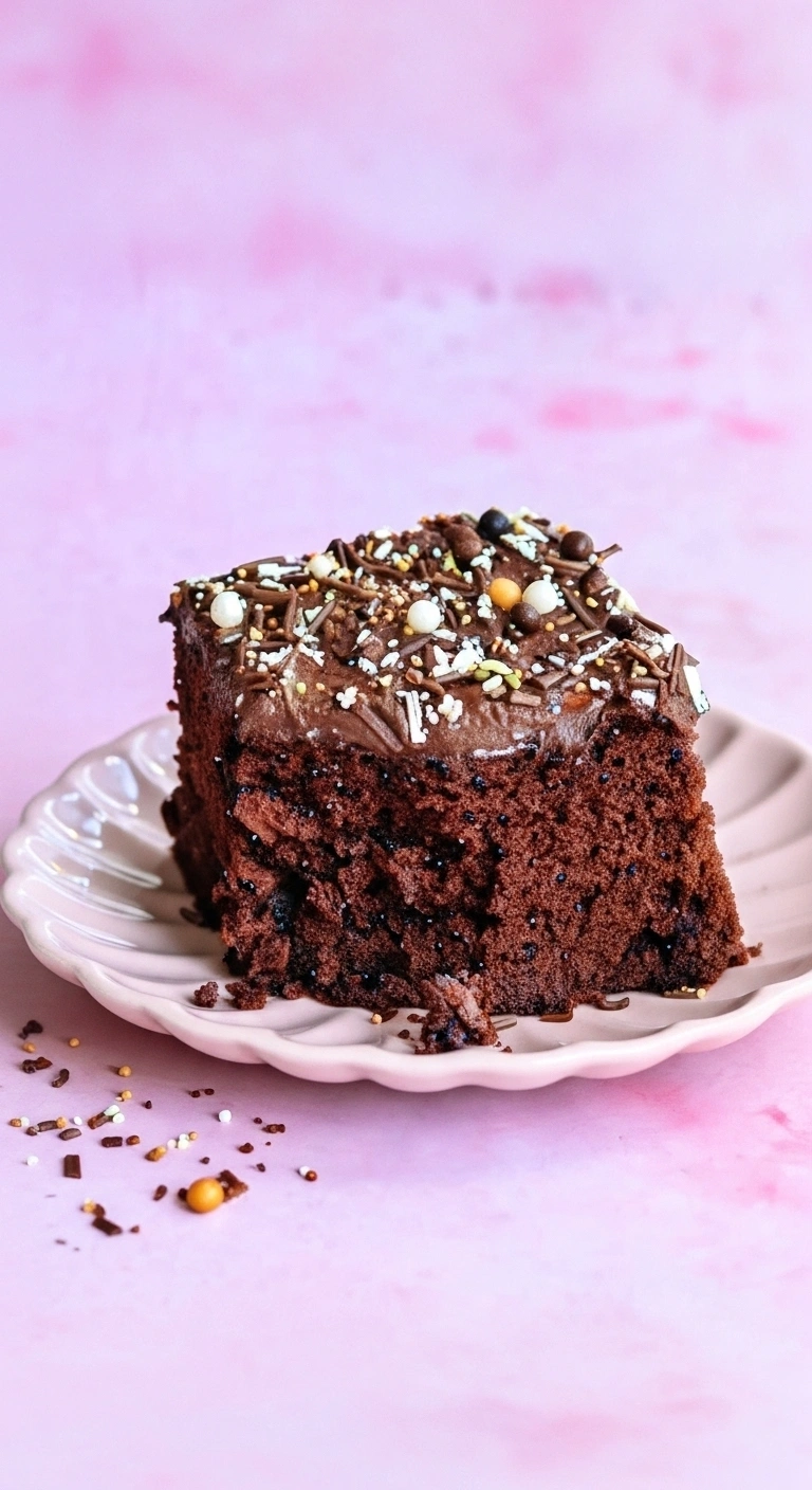 Un appétissant morceau de gâteau des écoliers est présenté sur une assiette rose. Le gâteau au chocolat est nappé d'un glaçage chocolaté et décoré d'une généreuse quantité de vermicelles colorés. Quelques miettes et vermicelles éparpillés autour de l'assiette ajoutent une touche gourmande à la scène. Le fond rose accentue les couleurs du dessert.