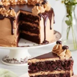 Une tranche appétissante de gateau au moka, présentée sur une assiette, révélant les couches moelleuses de gâteau au chocolat et de crème au beurre moka, nappée d'un glaçage au chocolat brillant et ornée de crème au beurre et de grains de café en chocolat. Un gateau au moka entier est visible en arrière-plan.
