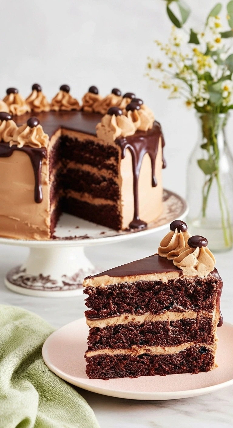 Une tranche appétissante de gateau au moka, présentée sur une assiette, révélant les couches moelleuses de gâteau au chocolat et de crème au beurre moka, nappée d'un glaçage au chocolat brillant et ornée de crème au beurre et de grains de café en chocolat. Un gateau au moka entier est visible en arrière-plan.