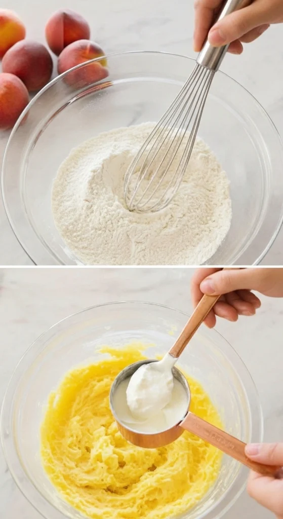 Image 1: Préparation d'un gateau peche: Farine et fouet dans un bol en verre. Image 2: Étapes de préparation d'un gateau peche: Ajout de crème à une pâte jaune dans un bol en verre.