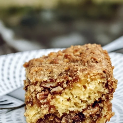 Vue rapprochée d'une part de gateau petit dejeuner aux noix de pécan croustillantes, posée sur une assiette à motifs graphiques. Le gâteau est moelleux et doré, avec une garniture riche et caramélisée.