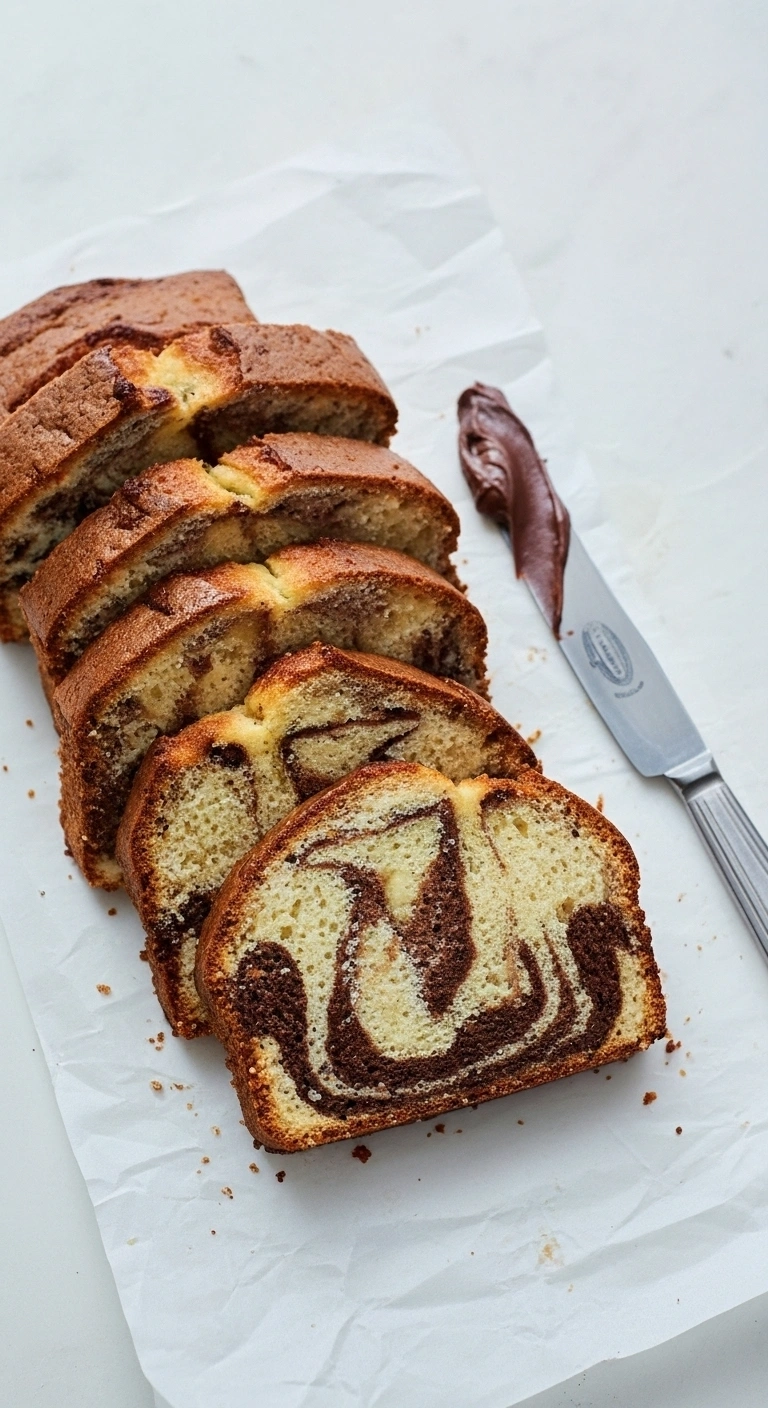 Présentation appétissante d'un savane gateau tranché, dévoilant son motif marbré chocolat-vanille, accompagné d'une spatule nappée de crème au chocolat.