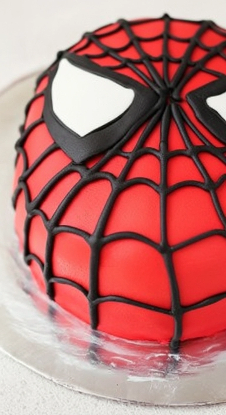 Gâteau Spiderman impressionnant: un gâteau détaillé en forme de tête de Spiderman, avec un glaçage rouge, une toile d'araignée noire et des yeux blancs distinctifs, idéal pour une fête d'anniversaire.