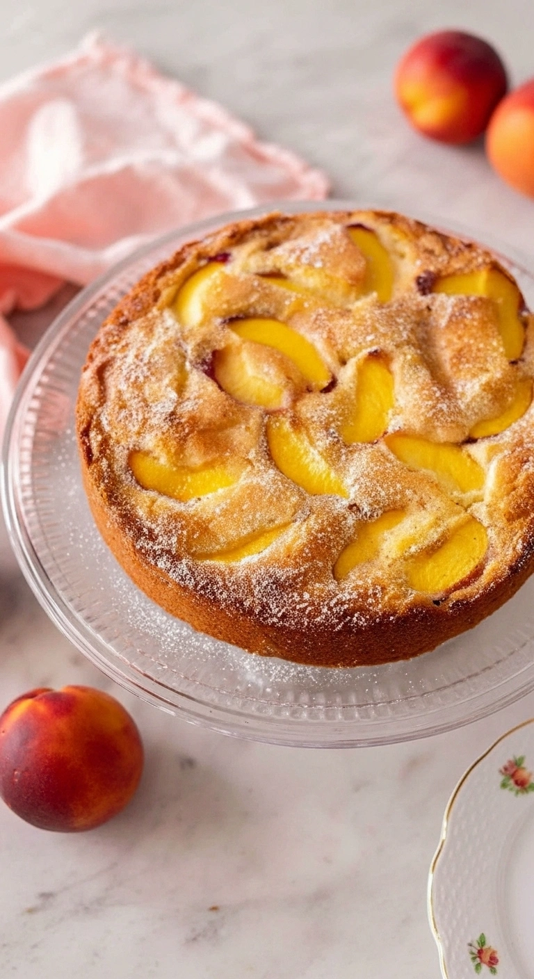 Un délicieux gateau peche fait maison, saupoudré de sucre glace, présenté sur un élégant présentoir à gâteau.
