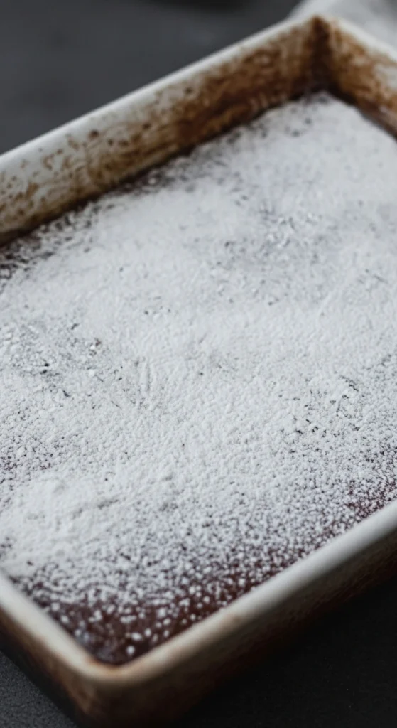 Gâteau au Nesquik cuit dans un plat rectangulaire, généreusement saupoudré de sucre glace. Idéal pour un goûter gourmand.