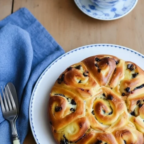 Vue de dessus d'une table en bois avec un chinois gateau doré et appétissant sur une assiette blanche bordée de bleu. À côté, une fourchette en argent repose sur une serviette bleue. En arrière-plan, deux tasses à thé fleuries remplies de thé au lait complètent cette scène gourmande.