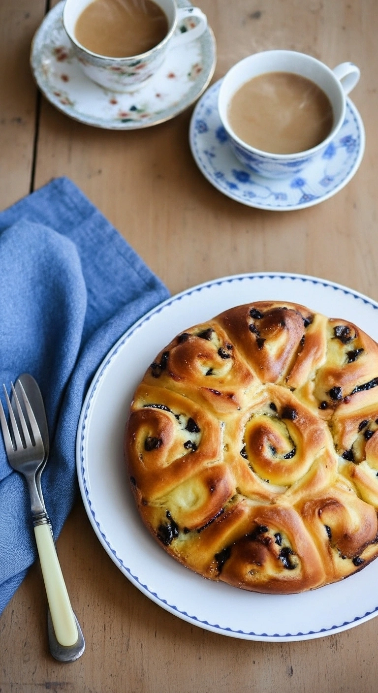 Vue de dessus d'une table en bois avec un chinois gateau doré et appétissant sur une assiette blanche bordée de bleu. À côté, une fourchette en argent repose sur une serviette bleue. En arrière-plan, deux tasses à thé fleuries remplies de thé au lait complètent cette scène gourmande.
