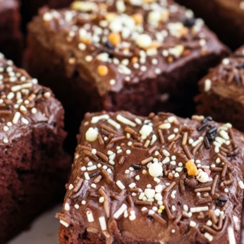 Gros plan de carrés de gâteau des écoliers au chocolat, nappés d'un glaçage lisse et généreusement décorés de vermicelles colorés. La texture moelleuse du gâteau et les décorations festives invitent à la dégustation.