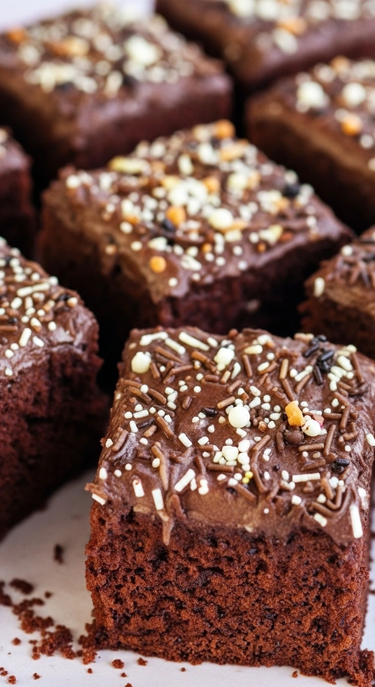 Gros plan de carrés de gâteau des écoliers au chocolat, nappés d'un glaçage lisse et généreusement décorés de vermicelles colorés. La texture moelleuse du gâteau et les décorations festives invitent à la dégustation.