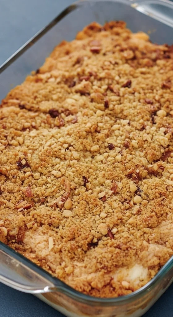 Un délicieux gateau petit dejeuner aux noix, avec un crumble doré et appétissant, présenté dans un plat en verre. La texture croustillante du dessus contraste avec la douceur de la mie. Une gourmandise idéale pour bien commencer la journée