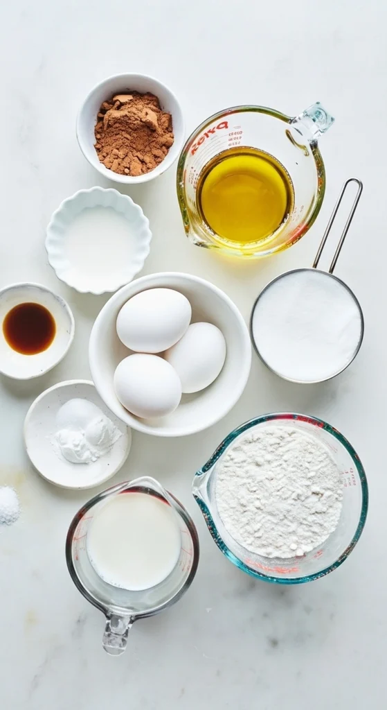 Ingrédients pour un savane gateau : farine, sucre, œufs, huile, lait, cacao en poudre, vanille et levure chimique.
