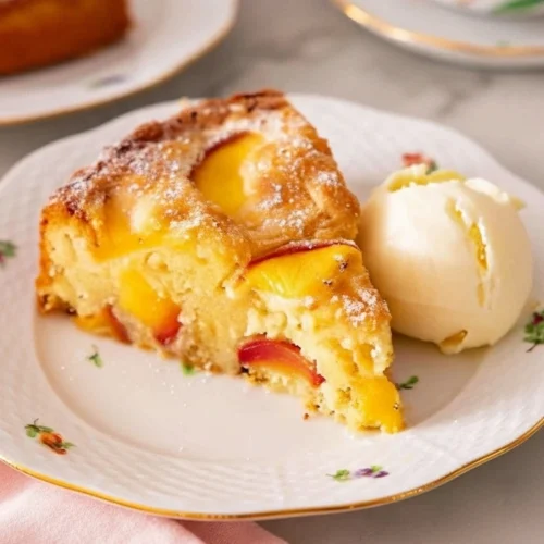 Une part appétissante de gateau peche moelleux, servie avec une boule de glace crémeuse sur une assiette fleurie, accompagnée d'une tasse de thé fumante.
