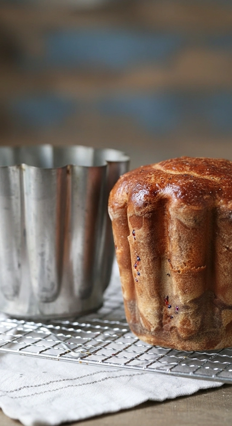 Gros plan d'un gateau battu doré et brillant, fraîchement sorti de son moule en métal cannelé, reposant sur une grille de refroidissement.