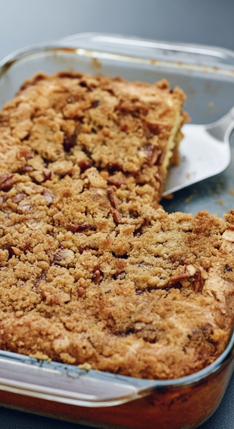 Un gateau petit dejeuner aux noix, doré et croustillant, est présenté dans un plat en verre. Une part est soulevée par une spatule, révélant une mie moelleuse et un crumble riche en saveurs. Idéal pour un réveil gourmand