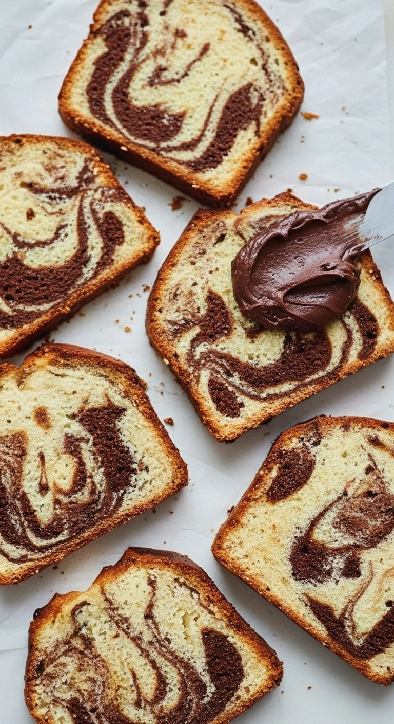 Vue de dessus alléchante de tranches de savane gateau marbré chocolat-vanille, dont l'une est généreusement nappée de crème au chocolat avec une spatule.