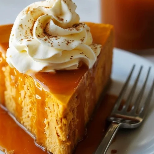 Part de cheesecake onctueux nappée de caramel coulant et surmontée d'une généreuse crème fouettée saupoudrée d'épices, présentée sur une assiette blanche avec une fourchette, illustrant le résultat gourmand d'une délicieuse recette pour cheesecake d'automne.