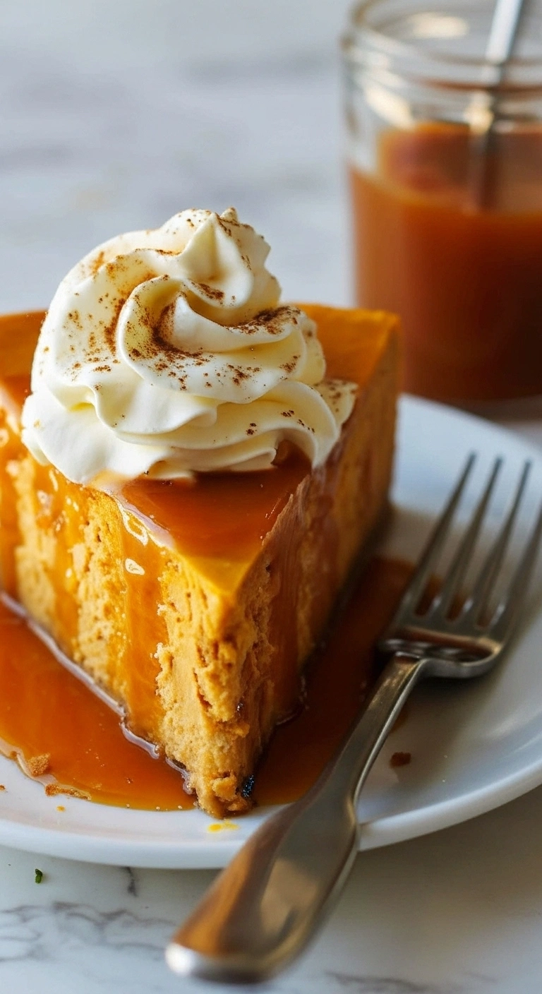 Part de cheesecake onctueux nappée de caramel coulant et surmontée d'une généreuse crème fouettée saupoudrée d'épices, présentée sur une assiette blanche avec une fourchette, illustrant le résultat gourmand d'une délicieuse recette pour cheesecake d'automne.