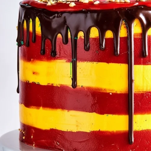 Magnifique gateau Harry Potter, idéal pour une fête d'anniversaire, décoré aux couleurs de Gryffondor et recouvert d'un délicieux glaçage au chocolat.