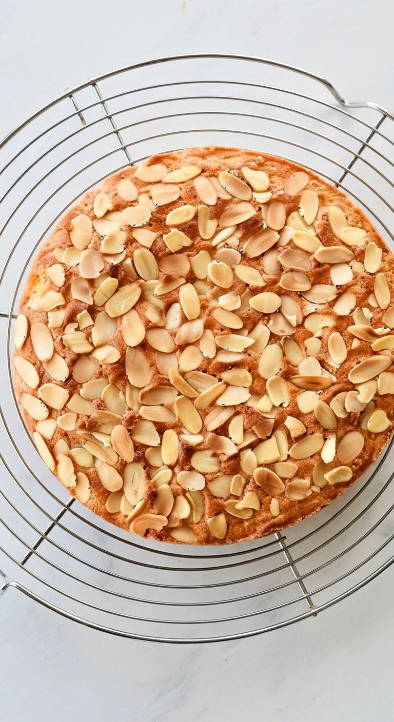 Gateau amande entier, refroidissant sur une grille après cuisson, garni d'amandes effilées.