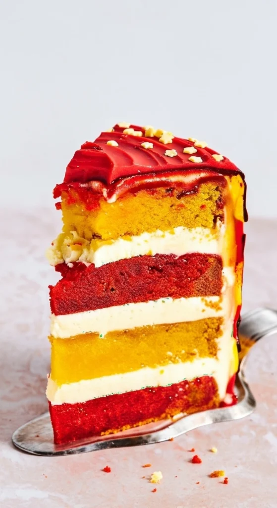 Délicieuse part de gateau harry potter avec des couches vibrantes en rouge et jaune, séparées par une crème blanche.