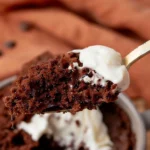 Un gros plan appétissant d'une bouchée de gateau aux chocolat au micro onde, servi sur une cuillère dorée et garni de crème glacée blanche fondante. La texture moelleuse et les pépites de chocolat visibles du gâteau mettent en valeur sa gourmandise.