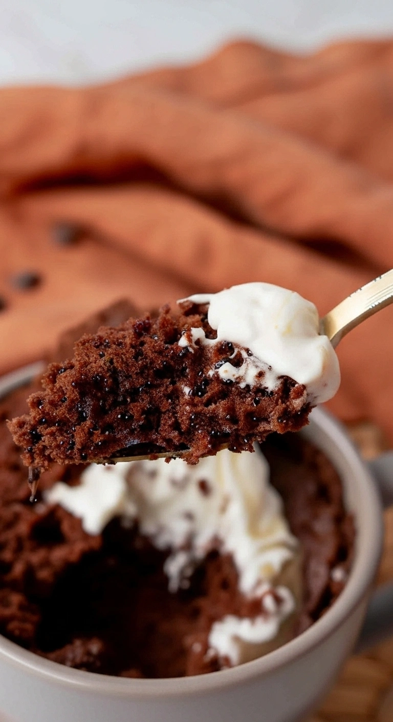 Un gros plan appétissant d'une bouchée de gateau aux chocolat au micro onde, servi sur une cuillère dorée et garni de crème glacée blanche fondante. La texture moelleuse et les pépites de chocolat visibles du gâteau mettent en valeur sa gourmandise.