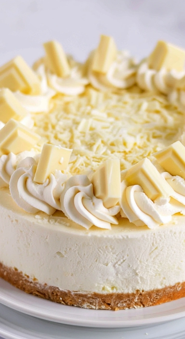 Gâteau fromage blanc décoré avec de la crème fouettée et des morceaux de chocolat blanc.
