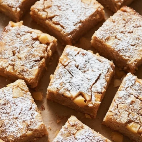Un assortiment de carrés de gateau aux pommes saupoudrés de sucre glace, disposés sur du papier sulfurisé marron. Chaque part de gateau aux pommes a une texture moelleuse et contient des morceaux de pomme visibles.