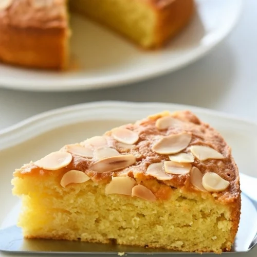 Délicieuse tranche de gateau amande doré, avec une texture moelleuse et garnie d'amandes.