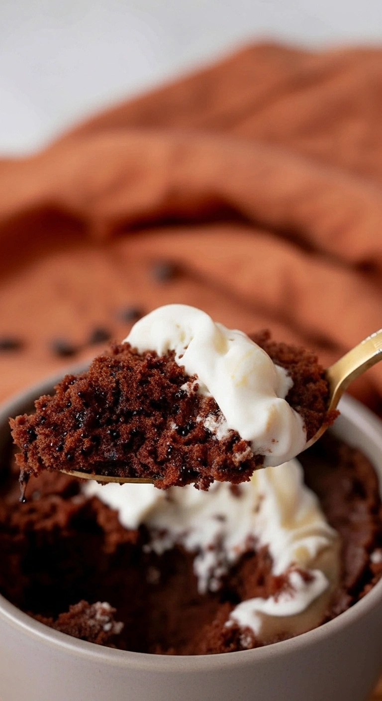 Gros plan tentant d'une portion de gateau aux chocolat au micro onde, présentée sur une cuillère dorée et nappée de crème fouettée onctueuse. Les détails de la mie aérée et des inclusions de chocolat noir invitent à la dégustation rapide de ce dessert express.