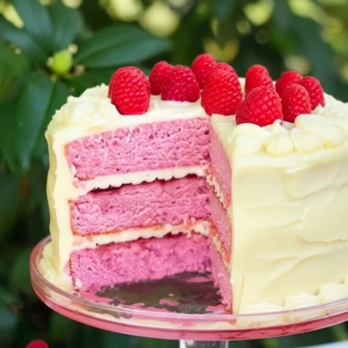 Un appétissant gateau aux framboises à trois étages, garni de framboises fraîches et d'un glaçage crémeux blanc, est présenté sur un élégant présentoir à gâteau rose. Une part a été découpée, révélant la texture moelleuse de la génoise rose et des couches de crème. Deux bols remplis de framboises éclatantes complètent la composition, le tout sur fond de verdure luxuriante.