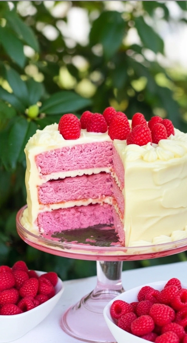 Un appétissant gateau aux framboises à trois étages, garni de framboises fraîches et d'un glaçage crémeux blanc, est présenté sur un élégant présentoir à gâteau rose. Une part a été découpée, révélant la texture moelleuse de la génoise rose et des couches de crème. Deux bols remplis de framboises éclatantes complètent la composition, le tout sur fond de verdure luxuriante.