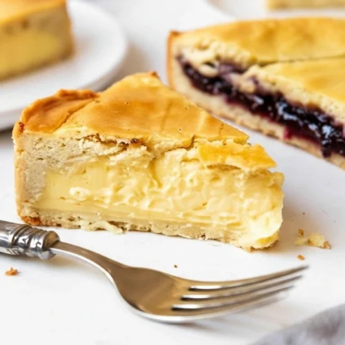 Gros plan sur une pile de parts de gâteau basque, certaines fourrées à la crème et d'autres à la cerises. La pâte dorée est bien visible et donne envie.