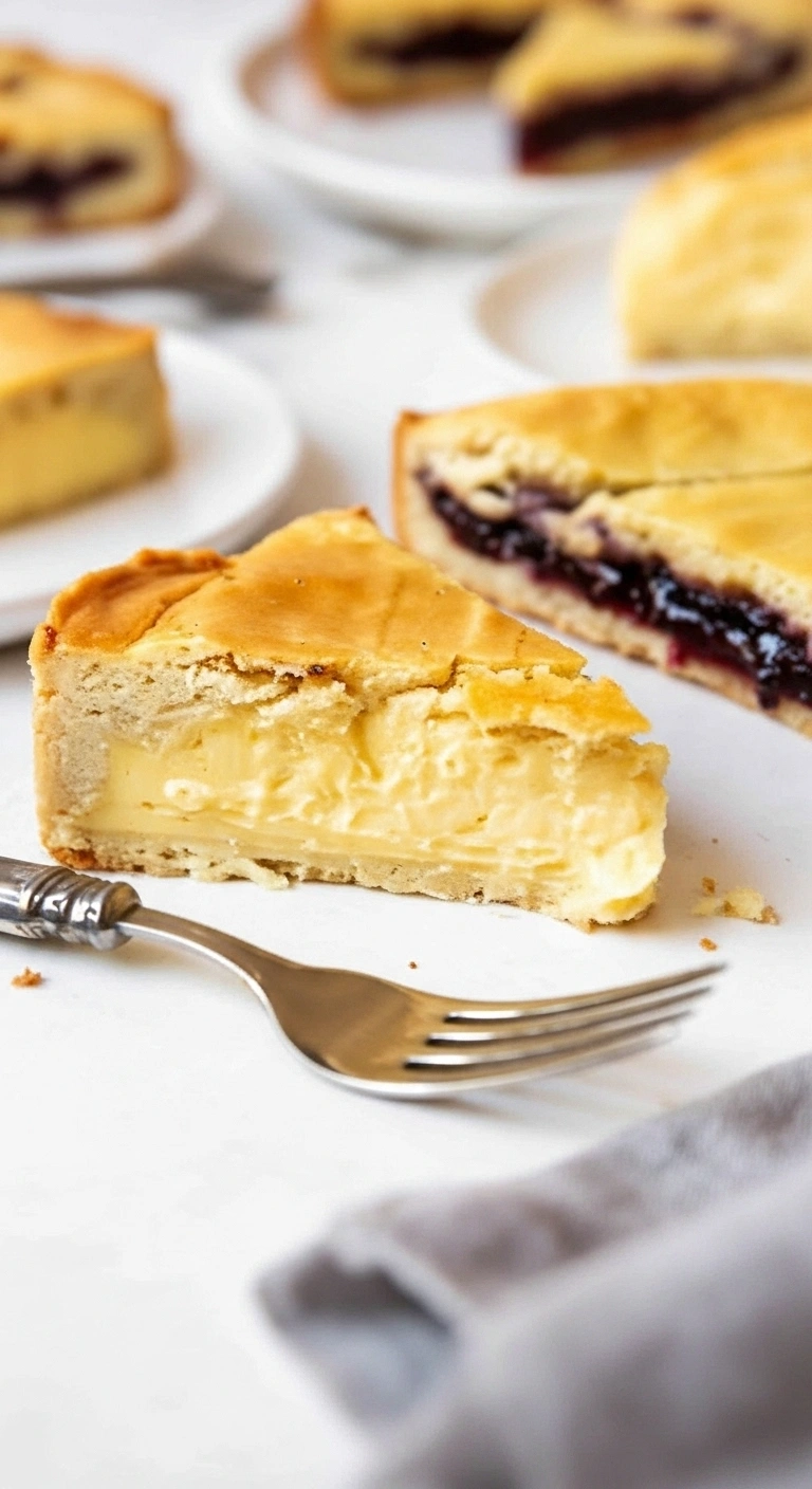 Gros plan sur une pile de parts de gâteau basque, certaines fourrées à la crème et d'autres à la cerises. La pâte dorée est bien visible et donne envie.