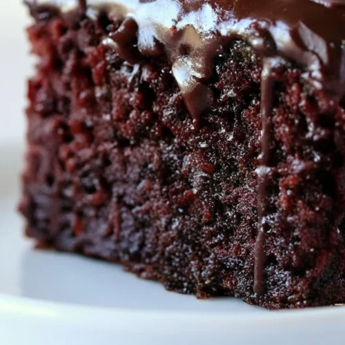 Gros plan vertical sur une part de gâteau chocolat rapide ultra moelleux, couvert d'un glaçage riche et brillant qui coule sur le bord, posé sur une assiette blanche.