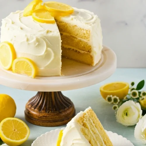 Délicieuse recette gâteau citron : une tranche de gâteau moelleux à la crème au citron, présentée sur une assiette élégante avec une cuillère argentée, à côté d'un gâteau entier décoré de tranches de citron frais.