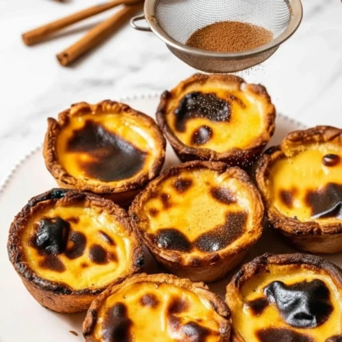 L'image capture la touche finale d'une fournée de pasteis de nata, une délicieuse variante du gâteau portugais. Une main saupoudre délicatement de la cannelle moulue sur ces petites tartes à la crème, avec leur pâte feuilletée croustillante et leur crème brûlée caractéristique. Un délice visuel et gustatif, symbolisant l'art de la pâtisserie portugaise et l'attrait irrésistible de ce gâteau portugais emblématique.