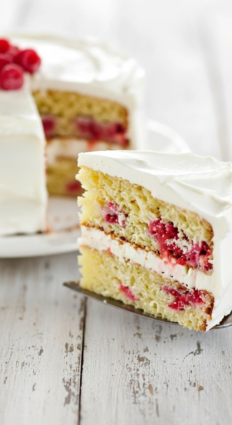Voici une part de gâteau framboise avec deux couches de crème blanche et de framboises fraîches, posée sur une pelle à tarte.