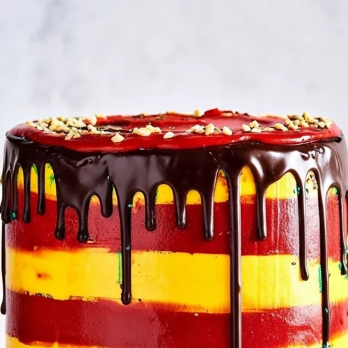 Un gateau Harry Potter rond, décoré de rayures horizontales rouges et jaunes, nappé de chocolat dégoulinant et de petites décorations dorées.