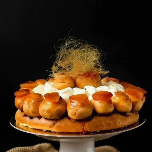 Vue rapprochée d'un somptueux Saint Honoré gateau, orné de choux à la crème nappés de caramel brillant, de crème fouettée et d'une décoration en sucre filé. Le gâteau repose sur un présentoir blanc, lui-même placé sur un tissu de jute rustique à côté d'un couteau et d'une fourchette.