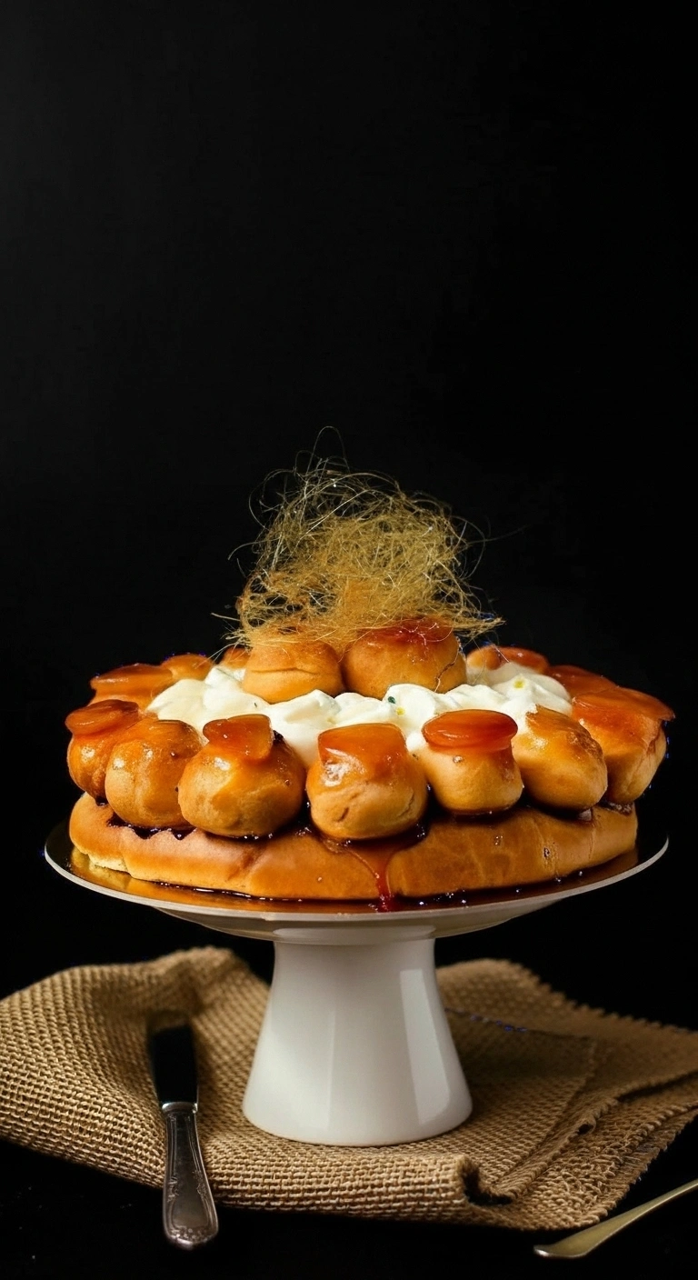 Vue rapprochée d'un somptueux Saint Honoré gateau, orné de choux à la crème nappés de caramel brillant, de crème fouettée et d'une décoration en sucre filé. Le gâteau repose sur un présentoir blanc, lui-même placé sur un tissu de jute rustique à côté d'un couteau et d'une fourchette.