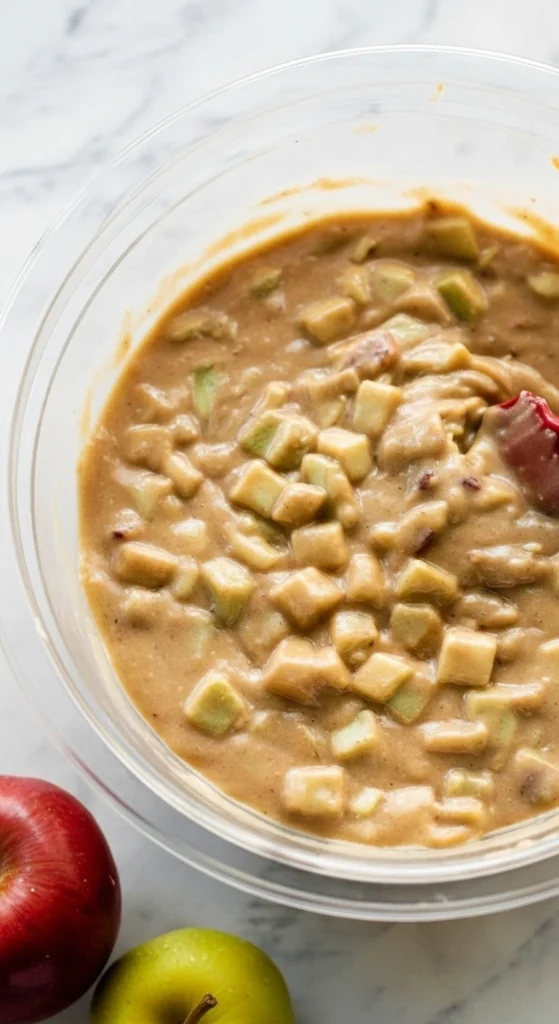 Vue rapprochée d'un bol en verre transparent rempli de pâte à gâteau pomme, avec des morceaux de pommes coupés en dés mélangés uniformément dans une pâte beige claire. Un coin de spatule rouge est visible à droite. Le bol est posé sur une surface claire avec des reflets, suggérant du marbre ou une surface similaire.