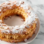 Détail d'un Paris-Brest, mettant en évidence la texture croustillante de la pâte à choux, la douceur de la crème pralinée et la délicate décoration d'amandes et de sucre glace. Une gourmandise irrésistible !