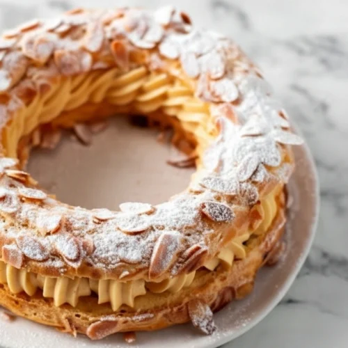 Détail d'un Paris-Brest, mettant en évidence la texture croustillante de la pâte à choux, la douceur de la crème pralinée et la délicate décoration d'amandes et de sucre glace. Une gourmandise irrésistible !