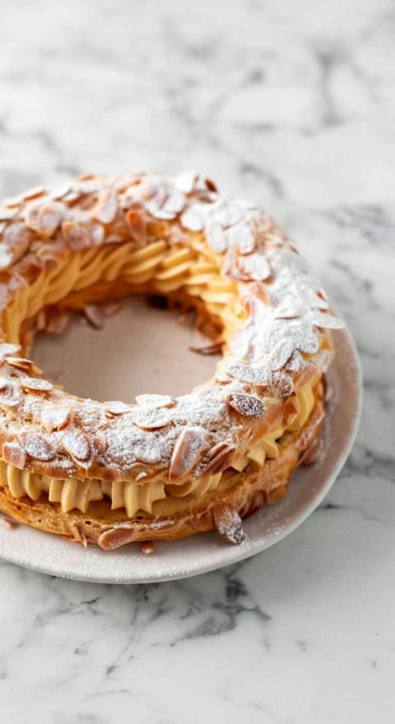 Détail d'un Paris-Brest, mettant en évidence la texture croustillante de la pâte à choux, la douceur de la crème pralinée et la délicate décoration d'amandes et de sucre glace. Une gourmandise irrésistible !
