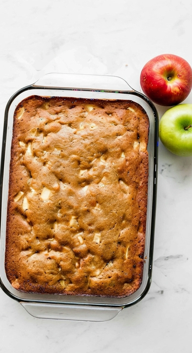 Vue de dessus d'un gateau pomme doré, cuit dans un plat rectangulaire en verre. La texture du gâteau est légèrement craquelée, avec des morceaux de pommes visibles à la surface. Une pomme rouge et une pomme verte sont placées à côté du plat, sur une surface claire. Un délicieux gateau pomme fait maison prêt à être dégusté.