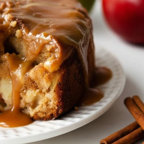 Gros plan d'une tranche de gateau pomme moelleux, nappée d'une sauce caramel brillante, présentée sur une assiette blanche décorée. La texture du gâteau révèle des morceaux de pommes fondants. En arrière-plan, une pomme verte, une pomme rouge et des bâtons de cannelle ajoutent une touche décorative à cette savoureuse composition. Un délicieux gateau pomme, parfait pour une dégustation gourmande.