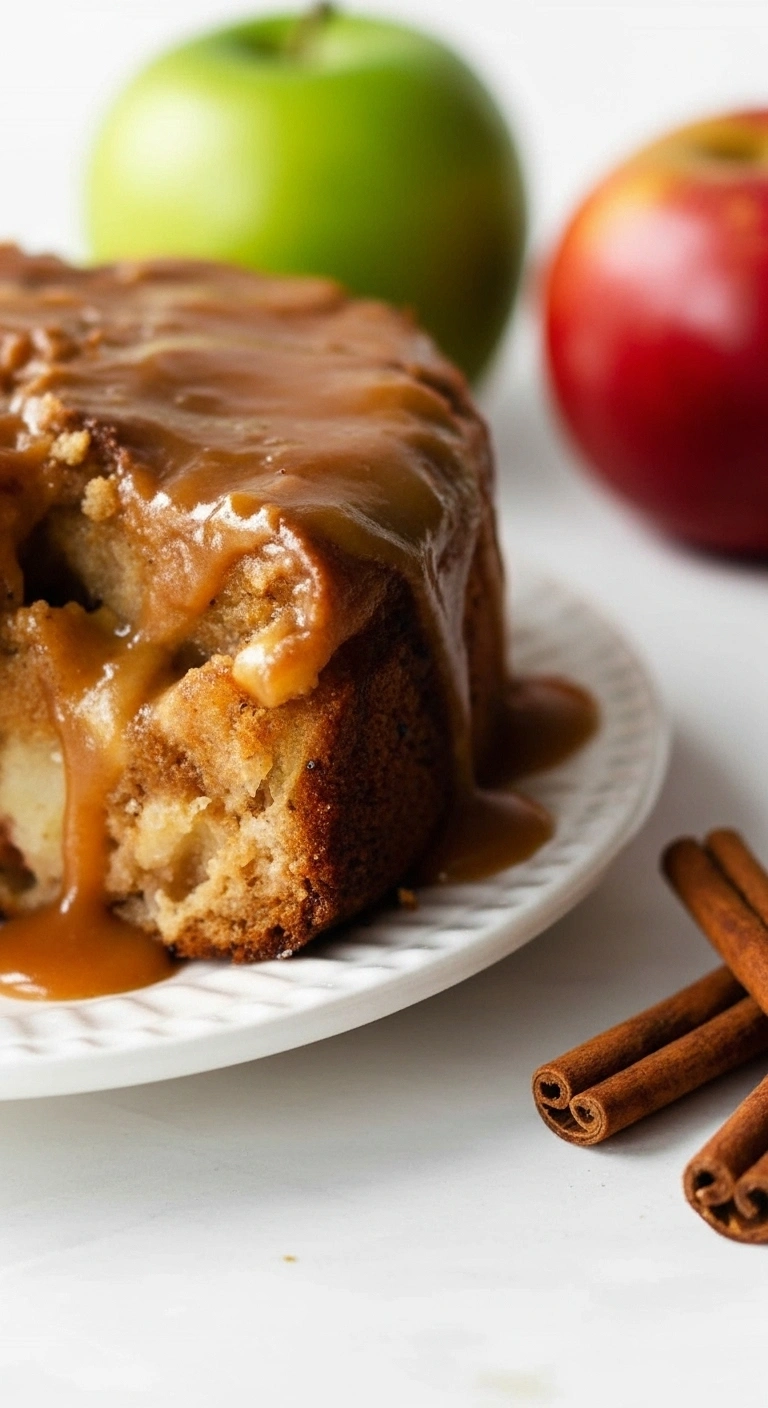 Gros plan d'une tranche de gateau pomme moelleux, nappée d'une sauce caramel brillante, présentée sur une assiette blanche décorée. La texture du gâteau révèle des morceaux de pommes fondants. En arrière-plan, une pomme verte, une pomme rouge et des bâtons de cannelle ajoutent une touche décorative à cette savoureuse composition. Un délicieux gateau pomme, parfait pour une dégustation gourmande.